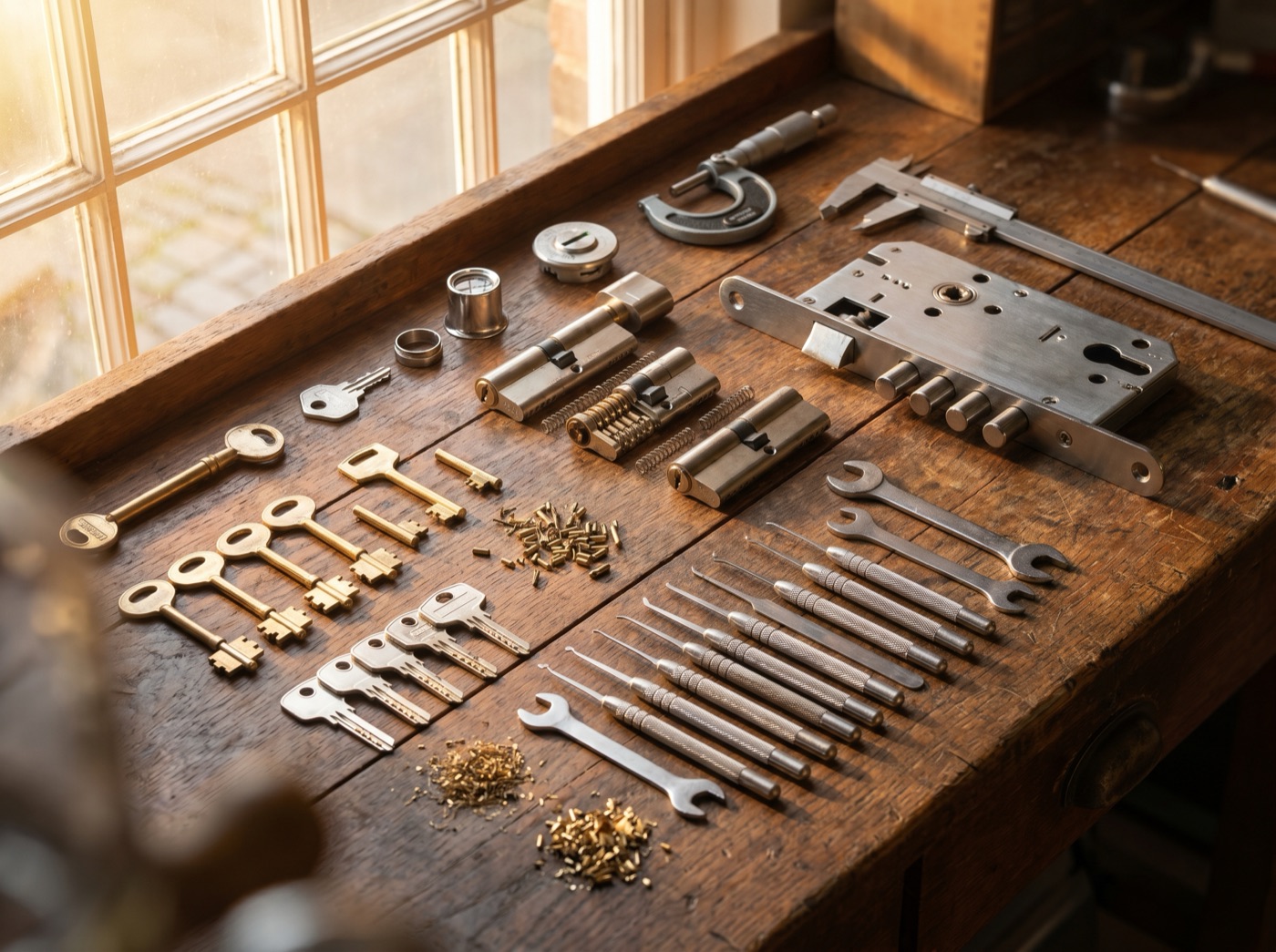 Établi de serrurier avec outils de précision, clés et cylindres de serrures